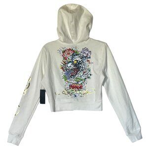 Ed Hardy White Tiger Rose 100%Cotton Drawstring Zip Crop Hoodie Jacket Sz L
